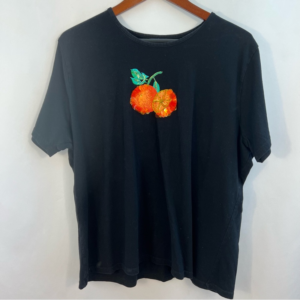 Karen Scott Top 1X Fruit T- Shirt Short Sleeve Vintage Beaded Orange Black